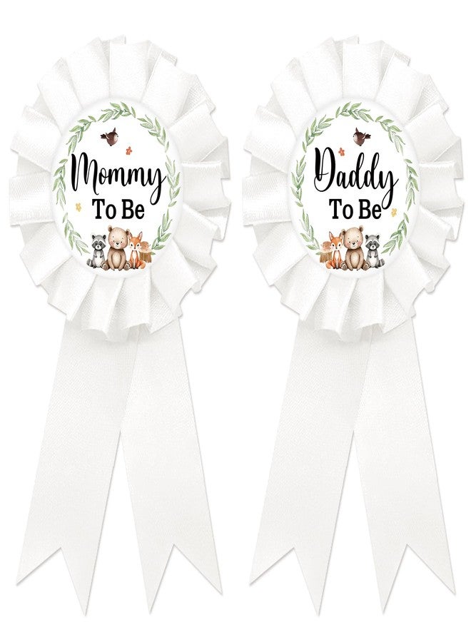 SUPERLUBY Woodland Animal Mom to Be Tinplate Badge Pin, Neutral Dad to Be Pin, Gender Reveal Button for New Parents, White Rosette Mom to Be Award Ribbon, Adventure Awaits Baby Shower Party Favors - Image 1